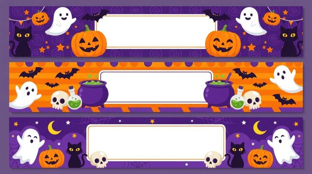 Set of three horizontal halloween banners featuring cute ghosts pumpkins and black cats with empty copy space