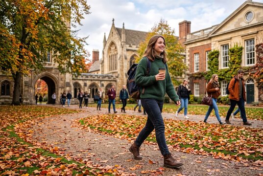 Students walk through a university campus in autumn. The scene shows a woman with a coffee cup and others enjoying the colorful fall foliage