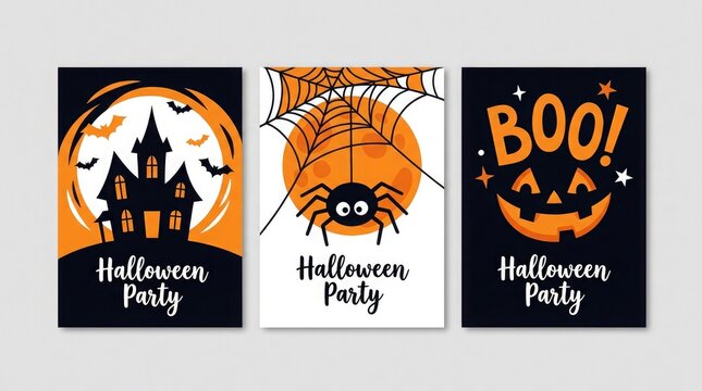 Set of three creative halloween party invitation cards featuring spooky haunted house spider and carved pumpkin designs