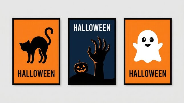 Set of three decorative halloween posters featuring a black cat a spooky ghost and a scary pumpkin