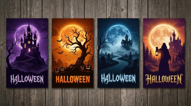 Set of four artistic halloween posters featuring haunted castles and spooky full moons on a rustic wooden background