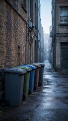 Obraz premium Vertical urban street photography capturing moody alleyway with row of colorful garbage bins on wet pavement in misty morning light, perfect for environmental awareness promotions