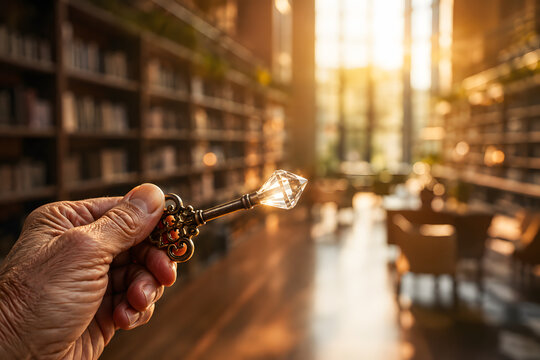 Senior hand holding vintage key with glowing diamond tip in library setting, key to knowledge and success concept.