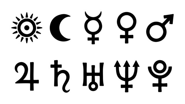 Astrology and planet symbol set in solid style with sun, moon, Mercury, Venus, Mars, Jupiter, Saturn, Uranus, Neptune and Pluto glyphs for zodiac and horoscope design, including 10 black vector