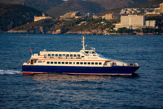 View of IDO Anadolu passenger ferry off Kusadasi coast. Kusadasi, Turkiye - August 21, 2026.