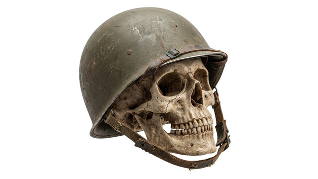 skull in helmet isolated PNG, side view war relic on transparent background