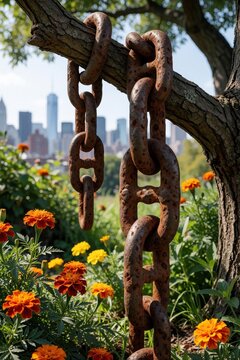 Heavy rusty chains hang from a tree branch. Orange and yellow flowers bloom in a garden. City skyline visible in background on sunny day. Contrasting urban nature scene.