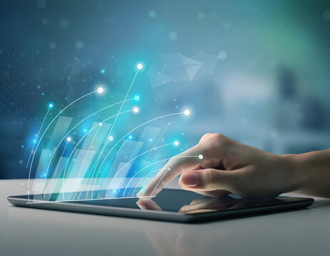 Hand Touching Digital Tablet with Glowing Data Streams and Analytics