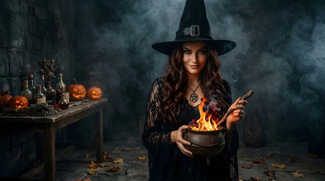 A mysterious witch conjures a magical potion amidst a spooky atmospheric halloween night scene
