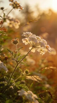Golden-hour glow, delicate white wildflowers, dew-kissed florets softly swaying, cinematic low-angle view, ideal for serene natural backgrounds.