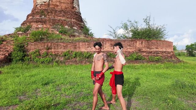 Muay Boran Fighters Sparring at Ancient Ayutthaya Temple Ruins