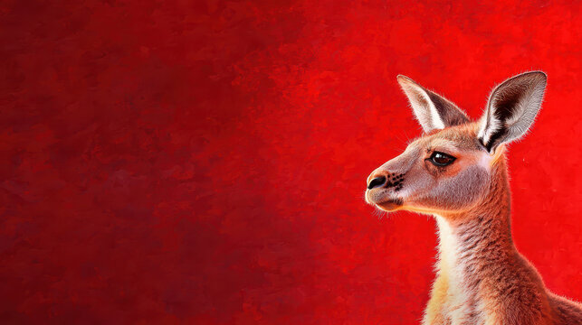 Kangaroo portrait against vibrant red background, showcasing its features and expression. image captures essence of this iconic animal