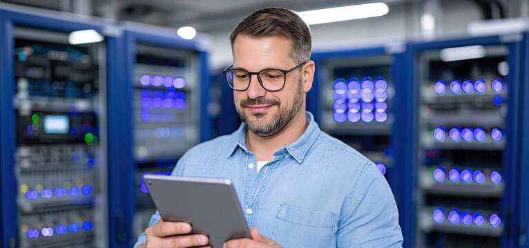 In a modern data center, an IT specialist uses a tablet amid sleek servers illuminated by vibrant blue lighting, highlighting advanced network management.