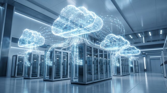 Abstract cloud computing network with transparent data structures. Corporate tech server concept