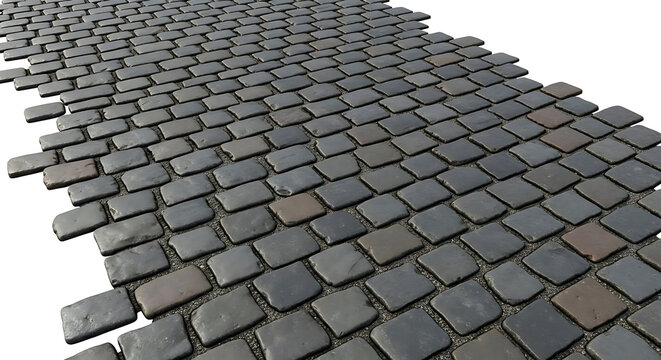 A path made of dark grey cobblestones arranged on a white isolated background