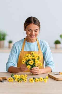 floristry apprentice creating flower arrangement