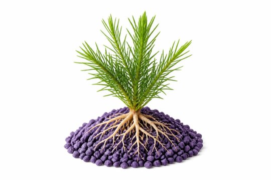 Young pine tree with exposed purple root system growing from colorful foam blocks