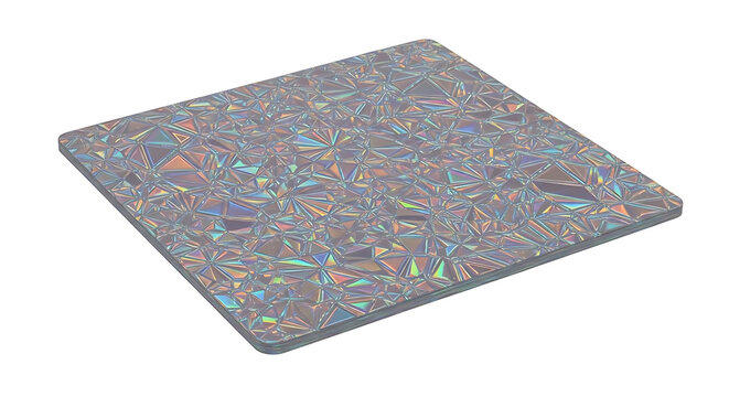 A square iridescent holographic panel with a geometric cracked pattern isolated on white background