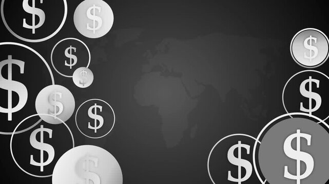 Abstract dark background with dollar signs in circles showing money finance and wealth concept animation