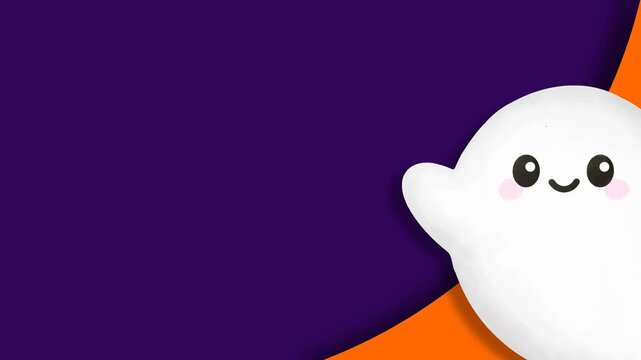 Cute cartoon ghost waving on purple and orange background for Halloween holiday celebration banner animation.