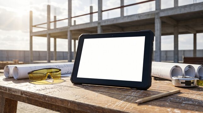 Rugged tablet with blank screen, safety glasses, and blueprints on a wooden table at a construction site.