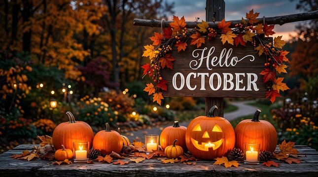 A vibrant autumn display welcomes october with glowing pumpkins and a cascade of colorful fall foliage