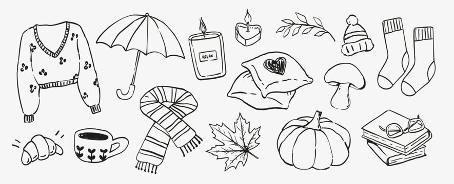 Cozy autumn collection featuring a sweater, umbrella, candle, beanie, socks, scarf, pumpkin, mushroom, maple leaf, books, coffee mug and croissant.