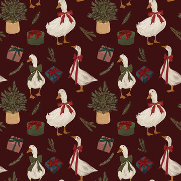 Christmas Geese and Gifts Seamless Pattern