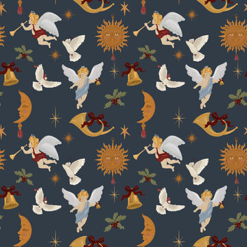 Christmas Angels and Doves Celestial Seamless Pattern