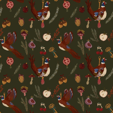 Vintage Christmas Pheasant and Ornaments Seamless Pattern