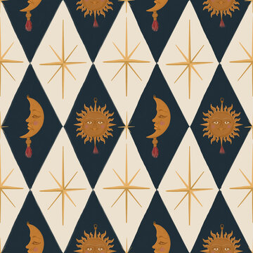 Vintage Celestial Sun and Moon Harlequin Seamless Pattern