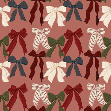 Vintage Christmas Ribbon Bows Seamless Pattern