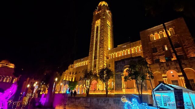 Christmas market illuminations at YMCA Jerusalem building in Israel