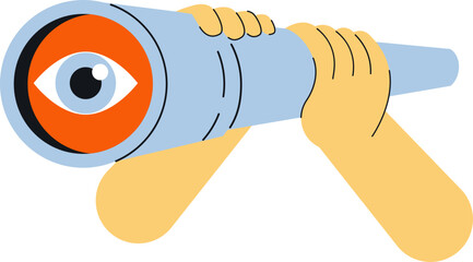 Naklejka premium Hands holding telescope with eye. Search concept spyglass cartoon vector illustration