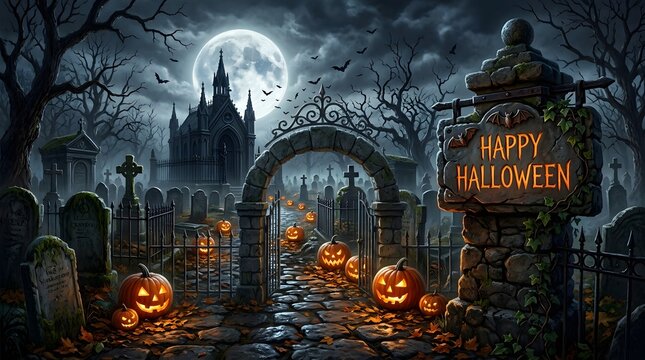 A spooky halloween night scene featuring a haunted castle glowing pumpkins and a full moon in the sky