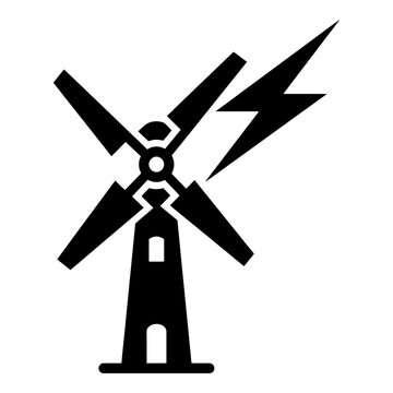 Windmill and lightning solid glyph icon for renewable energy