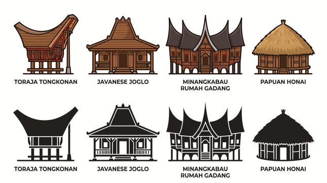 Collection of Traditional Indonesian Houses Tobasa Tongkonan, Javanese Joglo, Minangkabau Rumah Gadang, and Papua Honai