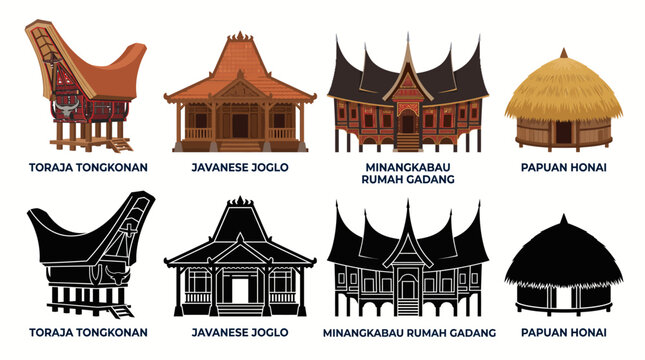 Traditional Indonesian architecture vector set including Toraja Tongkonan, Javanese Joglo, Minangkabau Rumah Gadang, and Papuan Honai houses