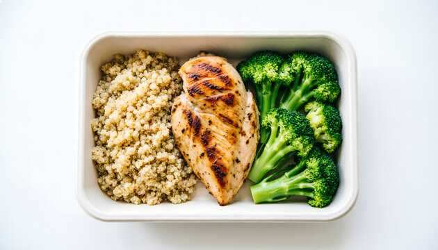 A neatly organized meal prep container featuring grilled chicken breast, quinoa, and steamed broccoli, viewed top-down