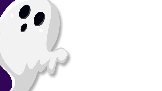 Cute Cartoon Ghost Peeking From Left Side Halloween Background Copy Space.