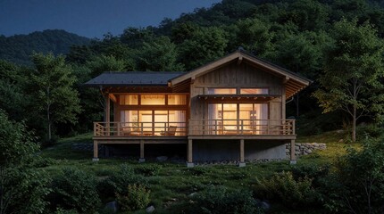 Obraz premium Illuminated wooden house rests on mountain slope in forest at dusk. Warm light spills from large windows onto deck. Nature surrounds peaceful dwelling.