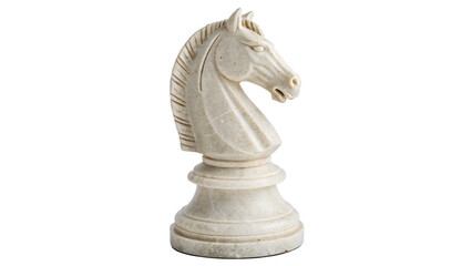 Classic white ceramic chess knight piece standing tall in strategy game isolated on transparent background © Olga