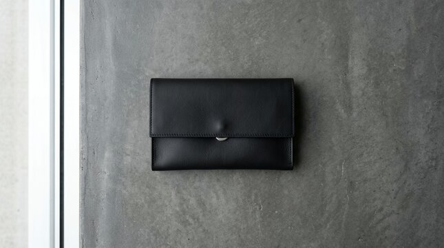 Minimalist Black Leather Clutch Bag on a Textured Gray Background.