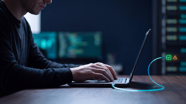 Cyber security and network monitoring concept, IT engineer working on laptop in dark server room with warning alert and check mark for data protection, system diagnostic and technical support