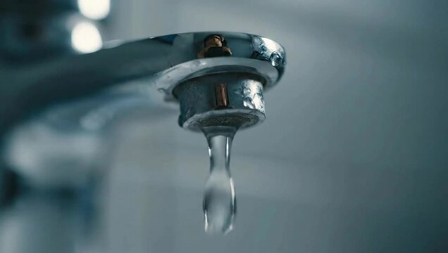 Water drop dripping from chrome faucet in bathroom representing conservation and scarcity