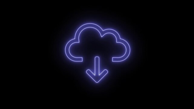 Neon cloud download icon glowing with purple light on black background symbol of digital storage and modern technology.
