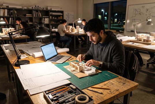 Students focus on their architecture projects in a design studio at night. They use laptops and tools to create models and drawings on large tables