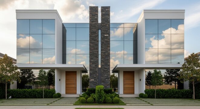 Modern duplex building architecture with mirrored glass facade, symmetric design, and stone pillar feature