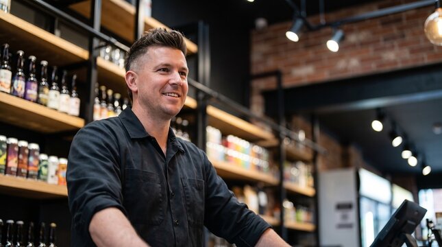 Cheerful store manager standing at pos terminal counter in modern craft beer shop male small business owner behind cash desk ready for digital payment in retail retail boutique shopping store