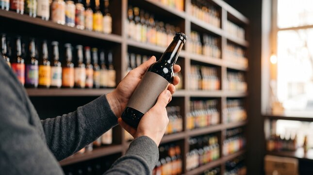 Customer hands holding craft beer glass bottle with blank empty brown paper label mockup in store customer choosing craft ale in supermarket shelf retail product branding display template